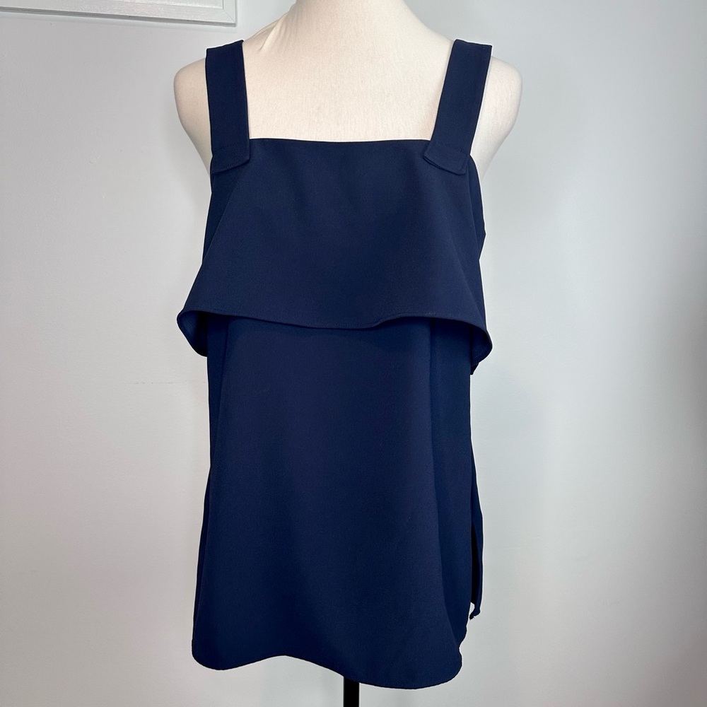 ANN TAYLOR Midnight Navy Blue Square Neck Layered Chest Sleeveless Top EUC